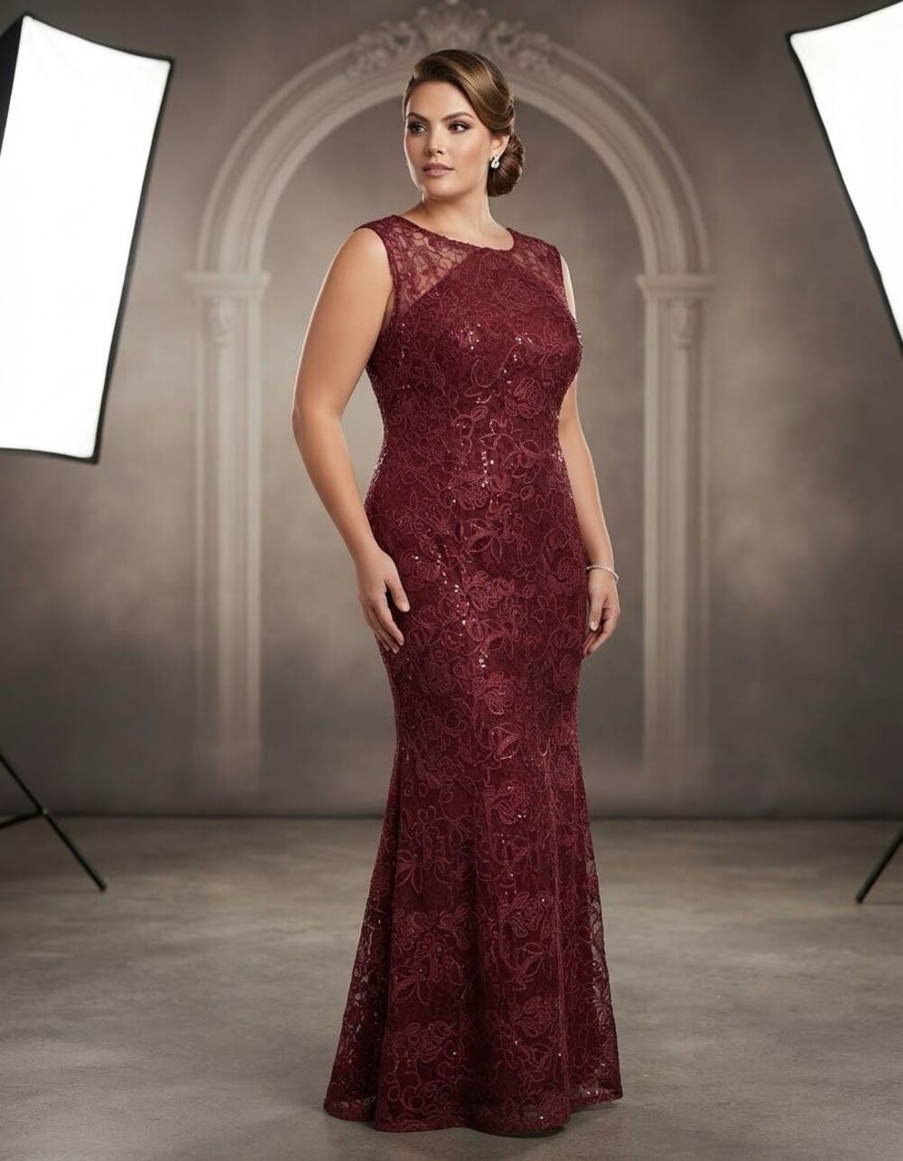 Slny sleeveless maroon red embroidered sequined lace gown size 16